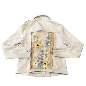 Gilli Faux Suede Moto Floral Embroidered Cream Jacket  Size M